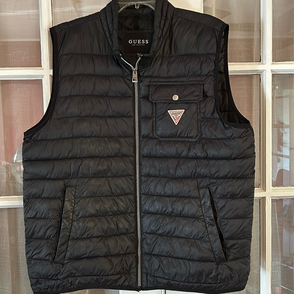 Guess Mens Puffy Puffer Vest black sleeveless zipper SZ XL